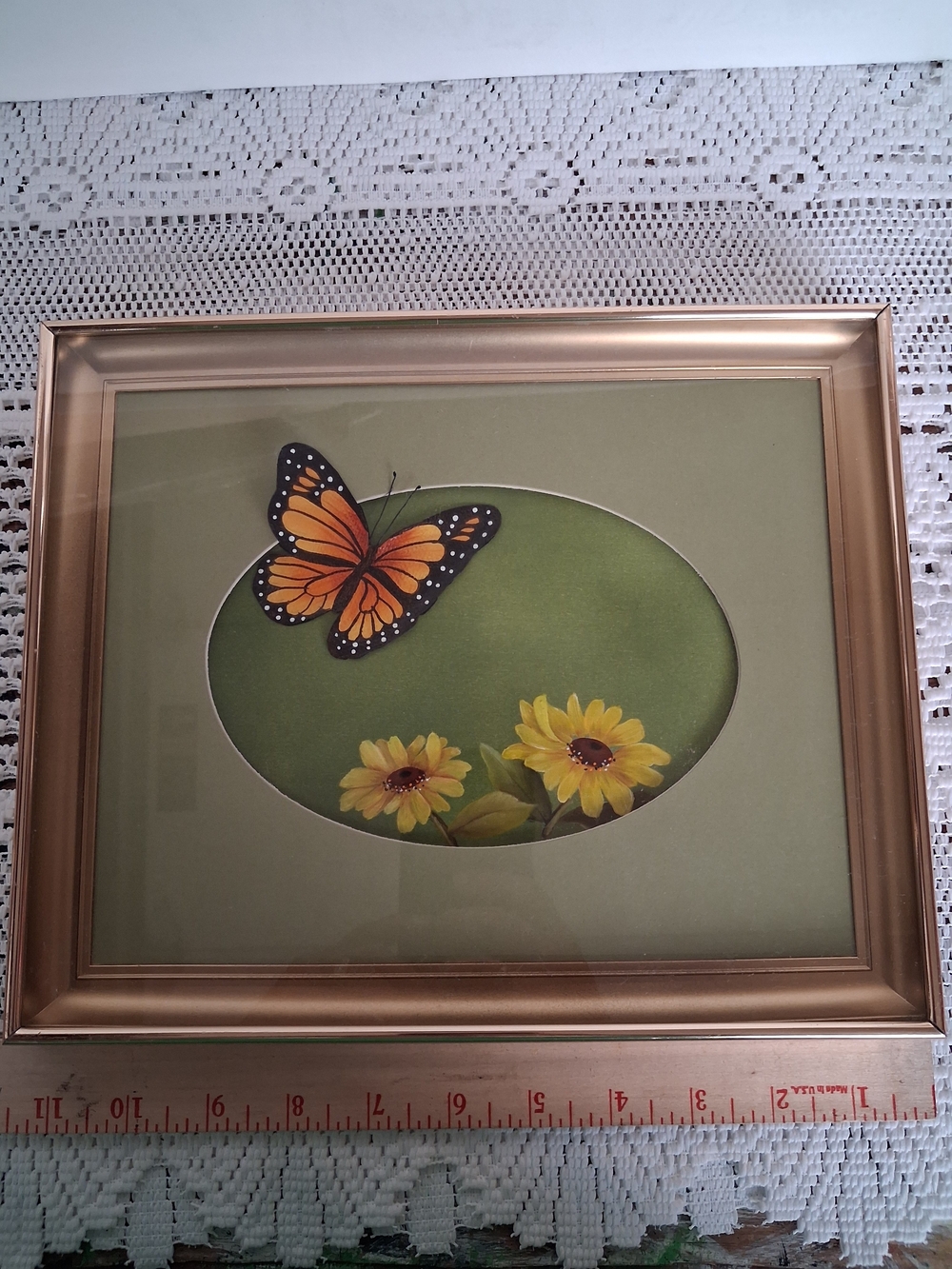 Vintage Hand Painted 3D Monarch Butterfly Flowers Framed Folk Art By Bonnie
